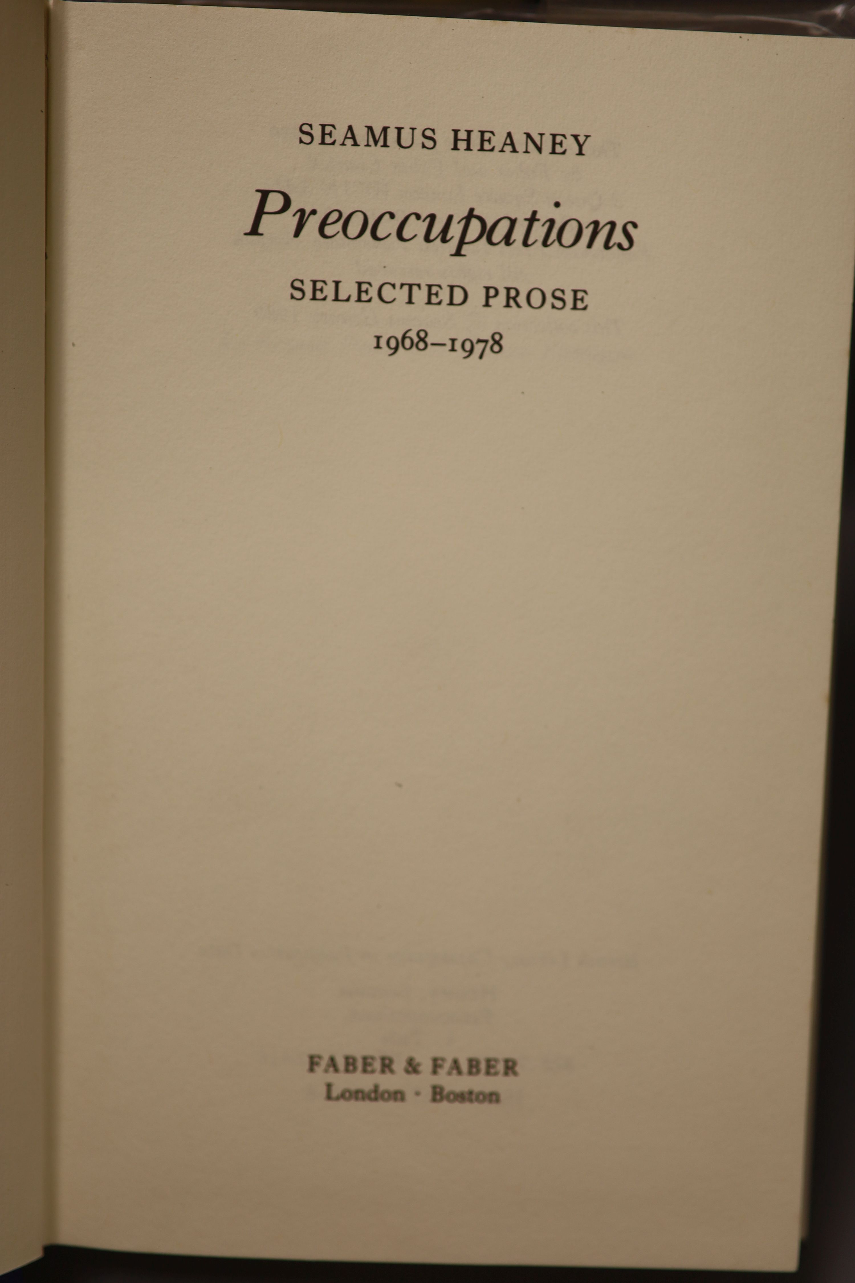 Heaney, Seamus. The Midnight Verdict. First Edition. d/wrapper. 1993; Preoccupations: selected prose, 1968-1978. d/wrapper. 1980; with seven others by this author